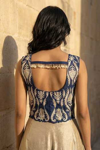 Aditi Somani_Blue Denim Scoop Neck Embroidered Top Pant Set _Online_at_Aza_Fashions
