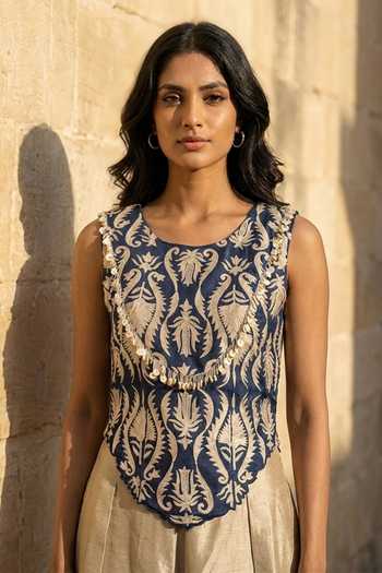 Buy_Aditi Somani_Blue Denim Scoop Neck Embroidered Top Pant Set _Online_at_Aza_Fashions