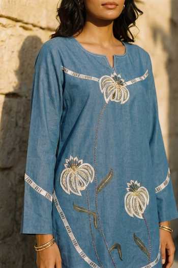 Aditi Somani_Blue Denim Round Neck Embroidered Kurta Set _Online_at_Aza_Fashions