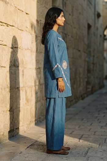 Shop_Aditi Somani_Blue Denim Round Neck Embroidered Kurta Set _Online_at_Aza_Fashions