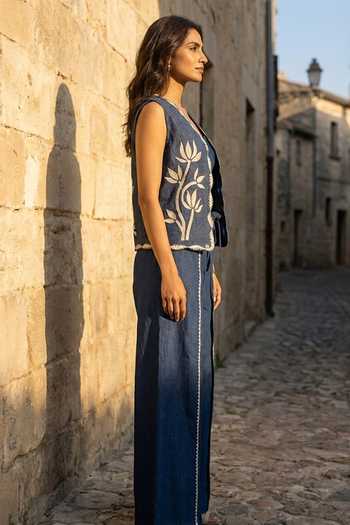 Aditi Somani_Blue Denim Open Neck Jacket And Pant Set _Online_at_Aza_Fashions