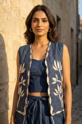 Buy_Aditi Somani_Blue Denim Open Neck Jacket And Pant Set _Online_at_Aza_Fashions