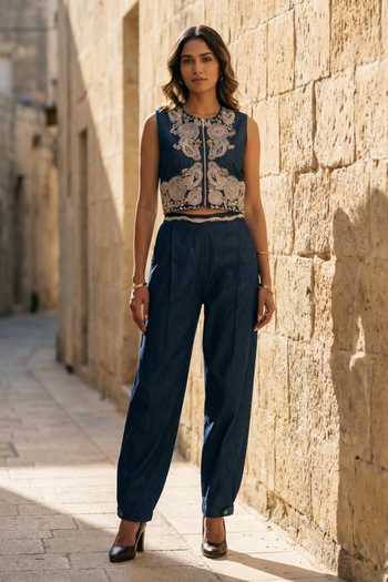 Aditi Somani Denim Jacket & Pleated Pant Set 