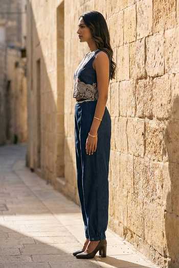 Aditi Somani Blue Denim Round Neck Jacket And Pleated Pant Set Online at Aza Fashions Aditi Somani_Blue Denim Round Neck Jacket And Pleated Pant Set _Online_at_Aza_Fashions