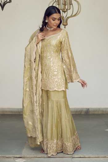 Meenagurnam Green Tissue Scoop Neck Embroidered Kurta Gharara Set Online at Aza Fashions Meenagurnam_Green Tissue Scoop Neck Embroidered Kurta Gharara Set _Online_at_Aza_Fashions