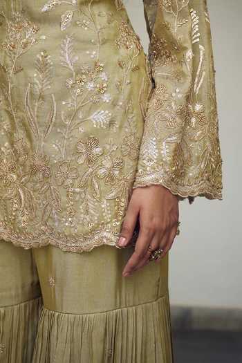 Shop Meenagurnam Green Tissue Scoop Neck Embroidered Kurta Gharara Set Online at Aza Fashions Shop_Meenagurnam_Green Tissue Scoop Neck Embroidered Kurta Gharara Set _Online_at_Aza_Fashions