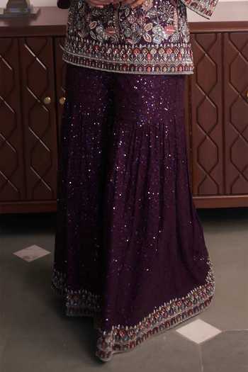 Meenagurnam_Purple Scoop Neck Embroidered Kurta And Sharara Set _Online_at_Aza_Fashions