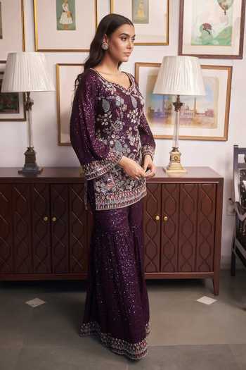 Buy_Meenagurnam_Purple Scoop Neck Embroidered Kurta And Sharara Set _Online_at_Aza_Fashions