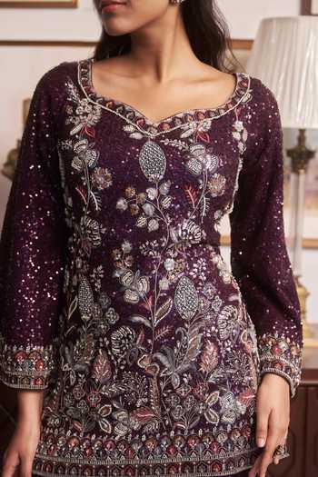 Buy_Meenagurnam_Purple Scoop Neck Embroidered Kurta And Sharara Set 