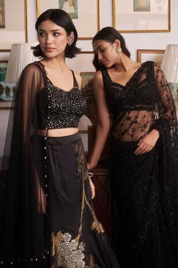 Buy_Meenagurnam_Black Net V-neck Embellished Floral Saree And Choli Set _Online_at_Aza_Fashions