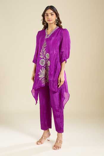 Shop Khwaab By Sanjana Lakhani Purple Silk V-neck Embroidered Kurta Set Online at Aza Fashions Shop_Khwaab By Sanjana Lakhani_Purple Silk V-neck Embroidered Kurta Set _Online_at_Aza_Fashions
