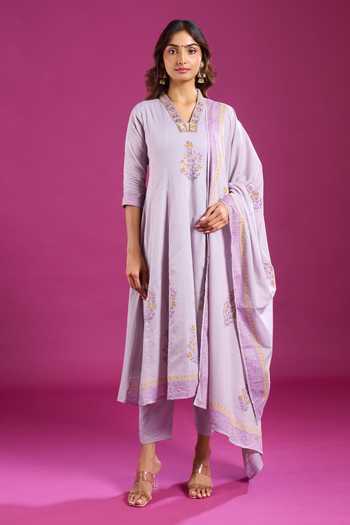 Shop Khwaab By Sanjana Lakhani Purple Cotton V-neck Printed Anarkali Set Online at Aza Fashions Shop_Khwaab By Sanjana Lakhani_Purple Cotton V-neck Printed Anarkali Set _Online_at_Aza_Fashions