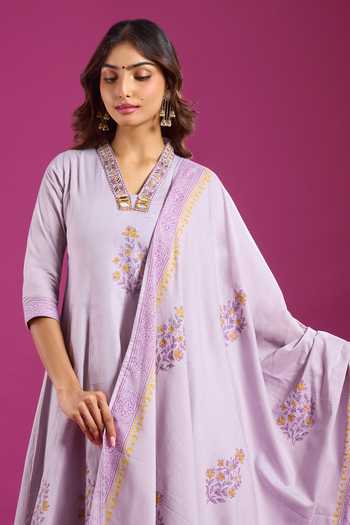 Buy Khwaab By Sanjana Lakhani Purple Cotton V-neck Printed Anarkali Set Buy_Khwaab By Sanjana Lakhani_Purple Cotton V-neck Printed Anarkali Set