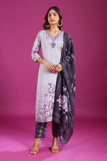 Shop Khwaab By Sanjana Lakhani Purple Muslin V-neck, Yes Printed Kurta Pant Set Online at Aza Fashions Shop_Khwaab By Sanjana Lakhani_Purple Muslin V-neck, Yes Printed Kurta Pant Set _Online_at_Aza_Fashions