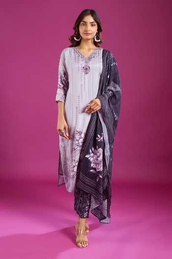 Khwaab By Sanjana Lakhani Purple Muslin V-neck, Yes Printed Kurta Pant Set at Aza Fashions Khwaab By Sanjana Lakhani_Purple Muslin V-neck, Yes Printed Kurta Pant Set _at_Aza_Fashions