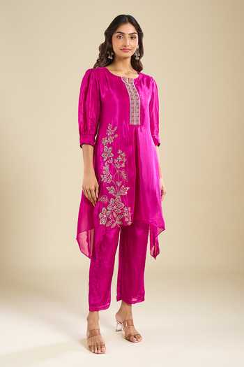 Buy_Khwaab By Sanjana Lakhani_Fuchsia Organza Round Neck, Yes Asymmetric Embroidered Kurta And Pant Set _Online_at_Aza_Fashions