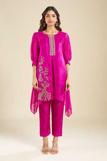 Shop_Khwaab By Sanjana Lakhani_Fuchsia Organza Round Neck, Yes Asymmetric Embroidered Kurta And Pant Set _Online_at_Aza_Fashions