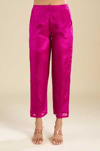 Buy_Khwaab By Sanjana Lakhani_Fuchsia Organza Round Neck, Yes Asymmetric Embroidered Kurta And Pant Set 