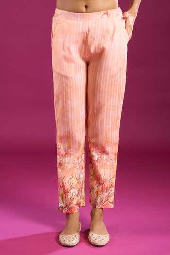 Khwaab By Sanjana Lakhani_Peach Cotton Mandarin Collar Printed Kurta And Pant Set _at_Aza_Fashions
