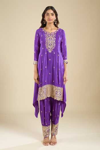 Khwaab By Sanjana Lakhani Purple Crepe Round Neck, Yes Embroidered Kurta Salwar Set Online at Aza Fashions Khwaab By Sanjana Lakhani_Purple Crepe Round Neck, Yes Embroidered Kurta Salwar Set _Online_at_Aza_Fashions