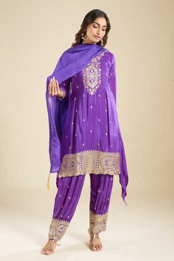 Buy Khwaab By Sanjana Lakhani Purple Crepe Round Neck, Yes Embroidered Kurta Salwar Set Online at Aza Fashions Buy_Khwaab By Sanjana Lakhani_Purple Crepe Round Neck, Yes Embroidered Kurta Salwar Set _Online_at_Aza_Fashions