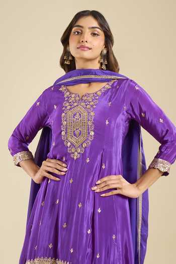 Shop Khwaab By Sanjana Lakhani Purple Crepe Round Neck, Yes Embroidered Kurta Salwar Set Online at Aza Fashions Shop_Khwaab By Sanjana Lakhani_Purple Crepe Round Neck, Yes Embroidered Kurta Salwar Set _Online_at_Aza_Fashions