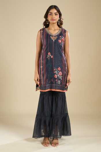 Khwaab By Sanjana Lakhani Grey Muslin Round Neck, Yes Printed Kurta Sharara Set Online at Aza Fashions Khwaab By Sanjana Lakhani_Grey Muslin Round Neck, Yes Printed Kurta Sharara Set _Online_at_Aza_Fashions