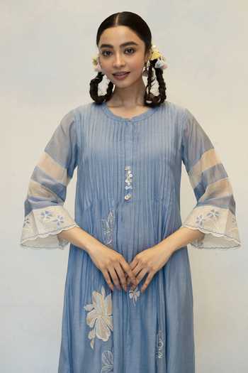 Shop AM by Anita Mittal Blue Chanderi Round Neck Zara Floral Embroidered Kurta And Pant Set Online at Aza Fashions Shop_AM by Anita Mittal_Blue Chanderi Round Neck Zara Floral Embroidered Kurta And Pant Set _Online_at_Aza_Fashions