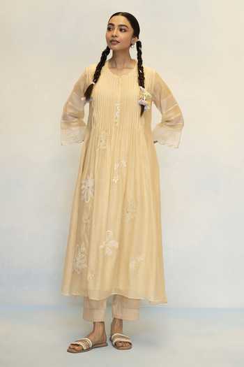 AM by Anita Mittal Beige Chanderi Round Neck Zara Embroidered Tunic And Pant Set Online at Aza Fashions AM by Anita Mittal_Beige Chanderi Round Neck Zara Embroidered Tunic And Pant Set _Online_at_Aza_Fashions