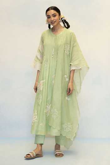 AM by Anita Mittal Green Chanderi Round Neck, Yes Zara Mul Tunic And Pant Set Online at Aza Fashions AM by Anita Mittal_Green Chanderi Round Neck, Yes Zara Mul Tunic And Pant Set _Online_at_Aza_Fashions