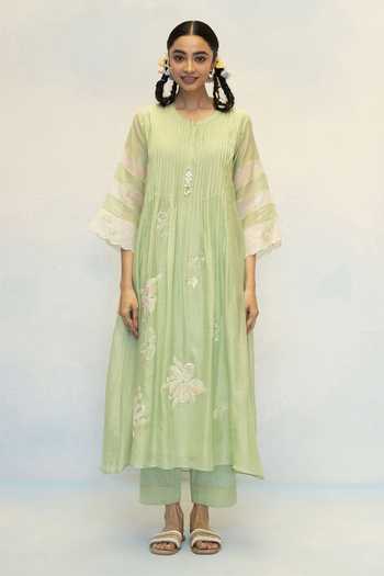 Buy AM by Anita Mittal Green Chanderi Round Neck, Yes Zara Mul Tunic And Pant Set Online at Aza Fashions Buy_AM by Anita Mittal_Green Chanderi Round Neck, Yes Zara Mul Tunic And Pant Set _Online_at_Aza_Fashions