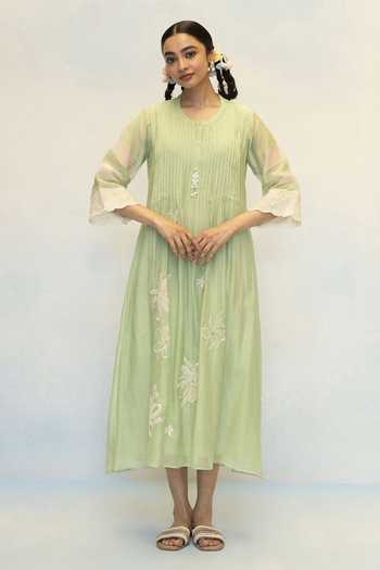 Shop AM by Anita Mittal Green Chanderi Round Neck, Yes Zara Mul Tunic And Pant Set Online at Aza Fashions Shop_AM by Anita Mittal_Green Chanderi Round Neck, Yes Zara Mul Tunic And Pant Set _Online_at_Aza_Fashions