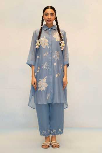AM by Anita Mittal_Blue Chanderi Button-down Neck, Yes Zara Embroidered Kurta And Pant Set _Online_at_Aza_Fashions
