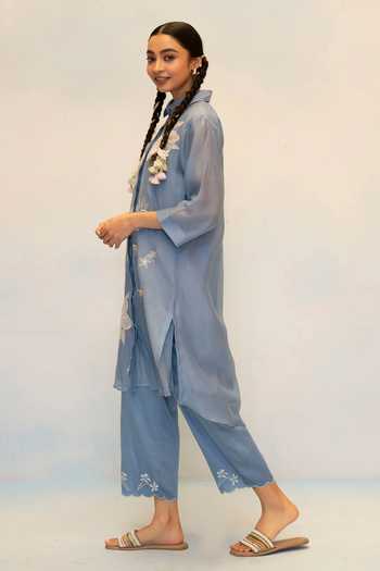 Buy_AM by Anita Mittal_Blue Chanderi Button-down Neck, Yes Zara Embroidered Kurta And Pant Set _Online_at_Aza_Fashions