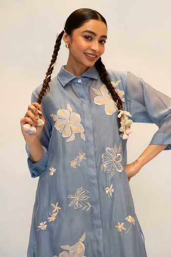 Shop_AM by Anita Mittal_Blue Chanderi Button-down Neck, Yes Zara Embroidered Kurta And Pant Set _Online_at_Aza_Fashions