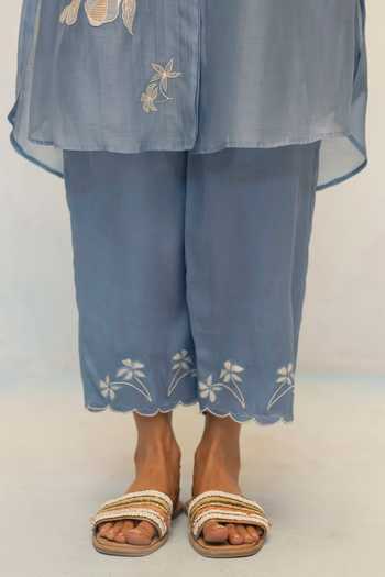 AM by Anita Mittal_Blue Chanderi Button-down Neck, Yes Zara Embroidered Kurta And Pant Set _at_Aza_Fashions