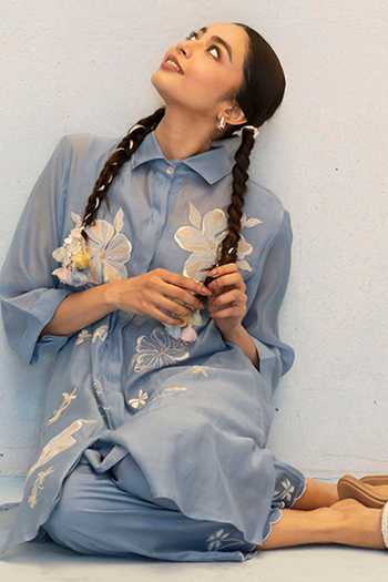 Buy_AM by Anita Mittal_Blue Chanderi Button-down Neck, Yes Zara Embroidered Kurta And Pant Set 