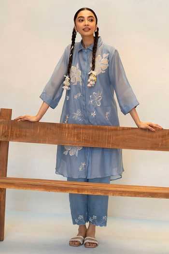 Shop_AM by Anita Mittal_Blue Chanderi Button-down Neck, Yes Zara Embroidered Kurta And Pant Set 