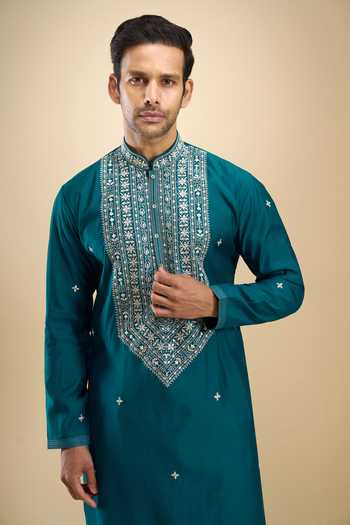 Arihant Rai Sinha_Blue Silk, Viscose, Polyester Embroidered Kurta And Trouser Set _Online_at_Aza_Fashions