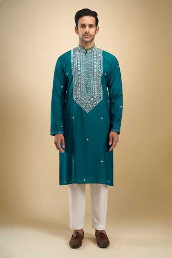 Shop_Arihant Rai Sinha_Blue Silk, Viscose, Polyester Embroidered Kurta And Trouser Set _Online_at_Aza_Fashions