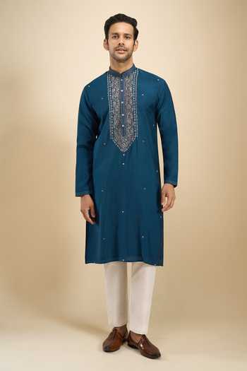 Arihant Rai Sinha Blue Silk, Viscose, Polyester Placket Embroidered Kurta Set at Aza Fashions Arihant Rai Sinha_Blue Silk, Viscose, Polyester Placket Embroidered Kurta Set _at_Aza_Fashions