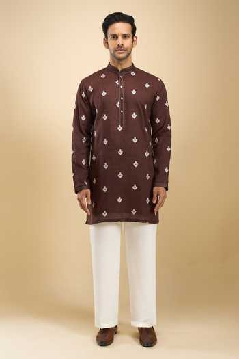 Shop Arihant Rai Sinha Brown Cotton, Linen, Viscose, Thread Embroidered Buttis Short Kurta Set Online at Aza Fashions Shop_Arihant Rai Sinha_Brown Cotton, Linen, Viscose, Thread Embroidered Buttis Short Kurta Set _Online_at_Aza_Fashions