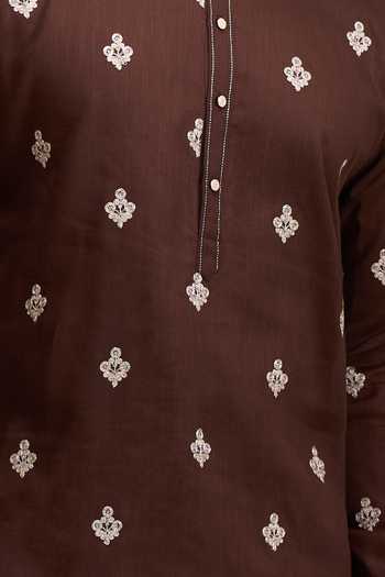 Arihant Rai Sinha Brown Cotton, Linen, Viscose, Thread Embroidered Buttis Short Kurta Set at Aza Fashions Arihant Rai Sinha_Brown Cotton, Linen, Viscose, Thread Embroidered Buttis Short Kurta Set _at_Aza_Fashions