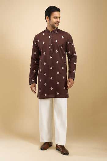 Buy Arihant Rai Sinha Brown Cotton, Linen, Viscose, Thread Embroidered Buttis Short Kurta Set Buy_Arihant Rai Sinha_Brown Cotton, Linen, Viscose, Thread Embroidered Buttis Short Kurta Set
