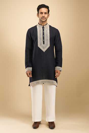 Shop Arihant Rai Sinha Blue Linen, Viscose, Polyester Dori Embroidered Placket Kurta Set Online at Aza Fashions Shop_Arihant Rai Sinha_Blue Linen, Viscose, Polyester Dori Embroidered Placket Kurta Set _Online_at_Aza_Fashions