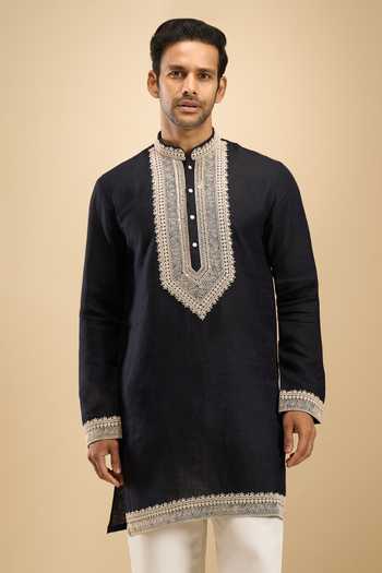 Arihant Rai Sinha Blue Linen, Viscose, Polyester Dori Embroidered Placket Kurta Set at Aza Fashions Arihant Rai Sinha_Blue Linen, Viscose, Polyester Dori Embroidered Placket Kurta Set _at_Aza_Fashions