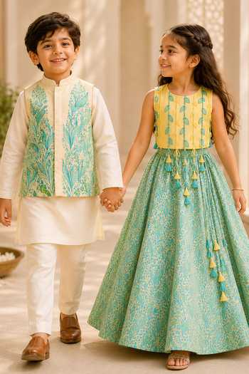 MI Dulce AN'YA Yellow Cotton, Chanderi Embroidery, Applique Lemon Bundi Set Online at Aza Fashions MI Dulce AN'YA_Yellow Cotton, Chanderi Embroidery, Applique Lemon Bundi Set _Online_at_Aza_Fashions