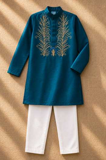 Buy MI Dulce AN'YA Blue Cotton, Chanderi Teal Embroidered Kurta Set Online at Aza Fashions Buy_MI Dulce AN'YA_Blue Cotton, Chanderi Teal Embroidered Kurta Set _Online_at_Aza_Fashions