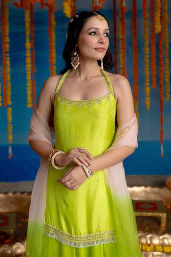 Mint Blush Green Organza, Satin Halter Neck, Yes Citrine Kurta Flared Pant Set Online at Aza Fashions Mint Blush_Green Organza, Satin Halter Neck, Yes Citrine Kurta Flared Pant Set _Online_at_Aza_Fashions