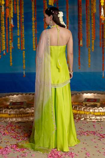 Mint Blush Citrine Halter Neck Kurta Flared Pant Set 